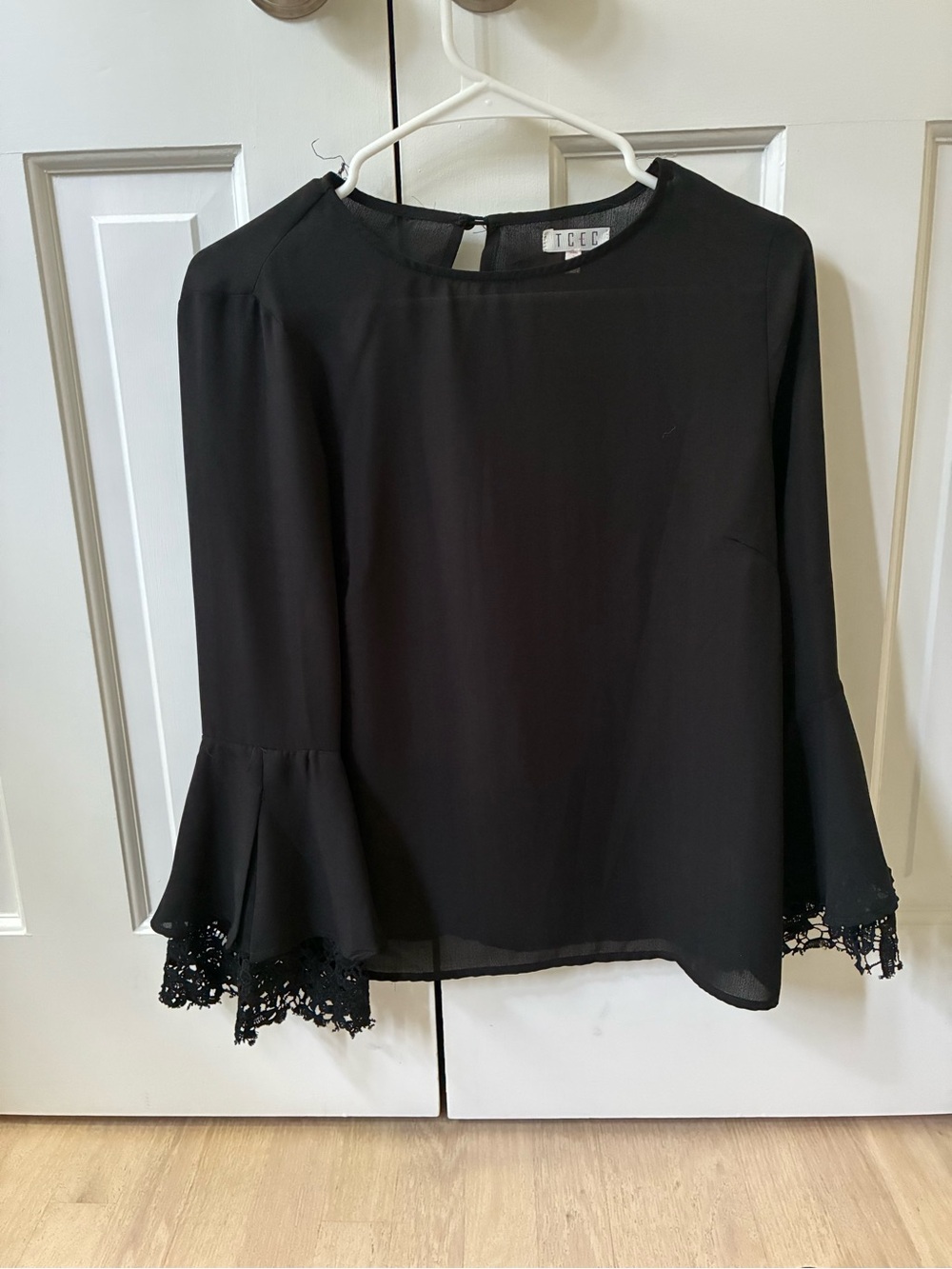 Vici Black Bell-Sleeve Blouse with Lace Trim